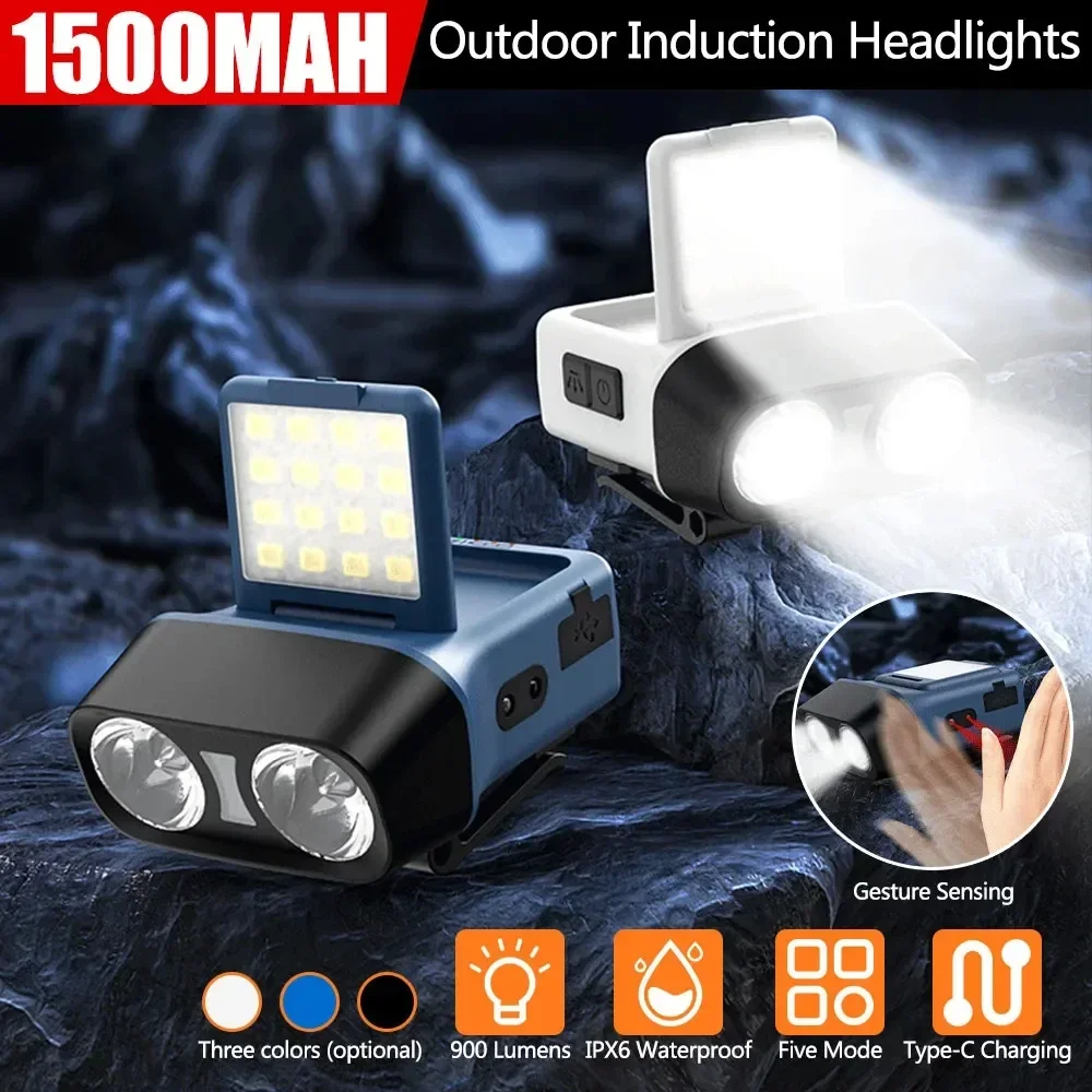 

Smart Sensor LED Headlamp Double Headlight 1500mAh Rechargeable Hat Clip Light Portable Camping Flashlight Fishing Head Torch