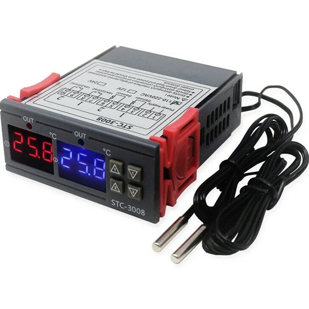 Dual Digital Temperature Controller Thermostat Thermoregulator Incubator Relay LED 12V24V 220V Heater Cooler Dual Probe STC-3008