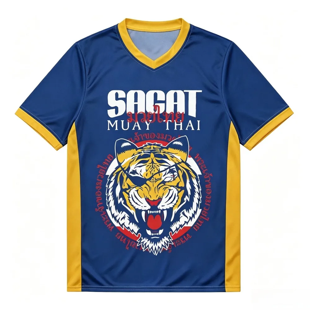 Vintage Tiger Muay Thai Print V‑neck T‑Shirt Men Breathable Quick Dry Jersey Kickboxing Boxing Training Short‑sleeve Sport Tops