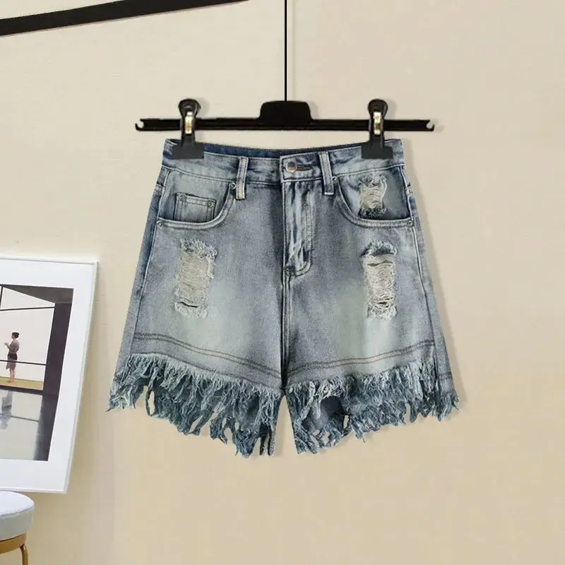 Spring/Summer Set Women's 2024 New Korean Edition Hollow Vest Cover Up Ragged Edge Denim Shorts Three Piece Set