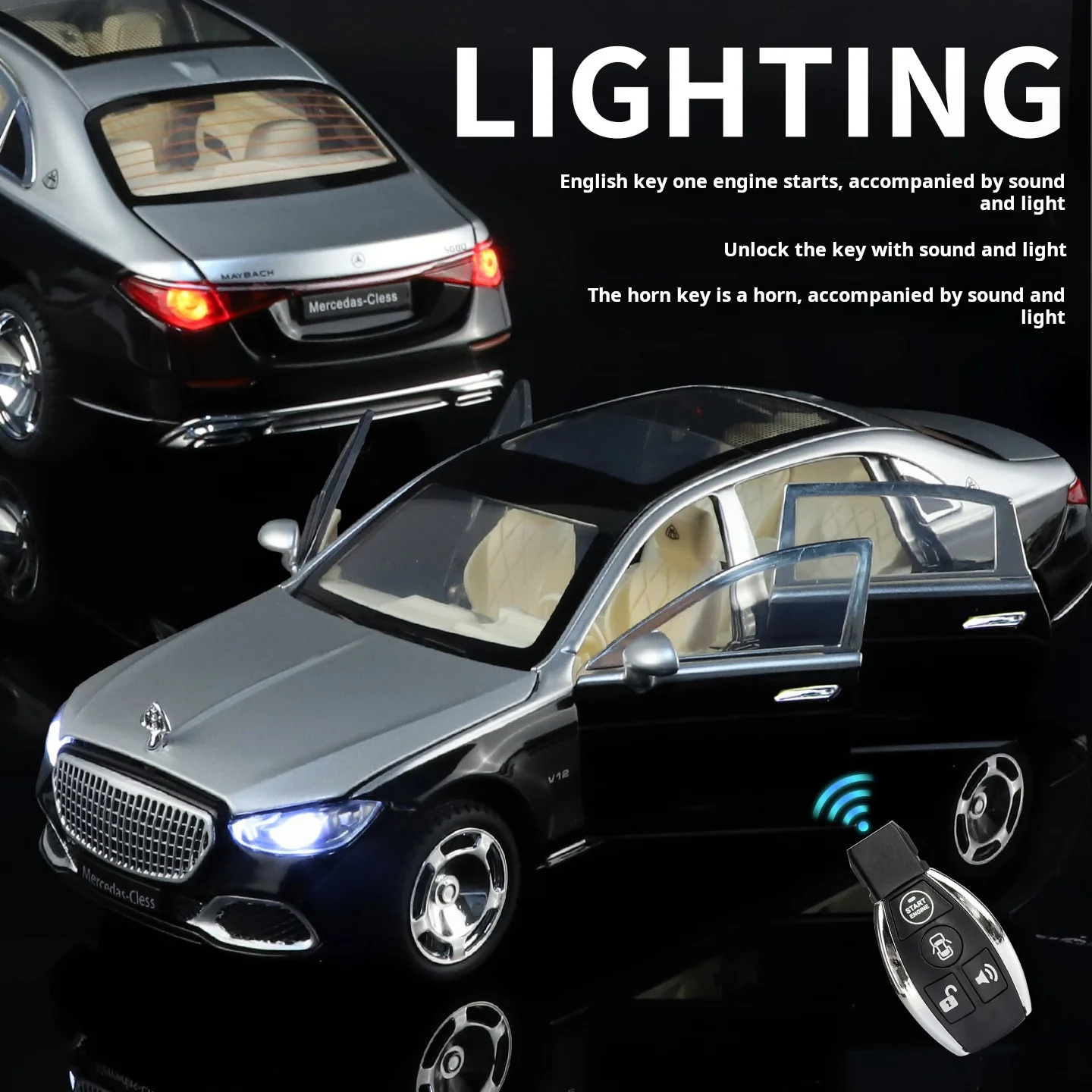 1:24 Mercedes-Maybach S680 Luxury Sedan Simulation Alloy Toy Car Metal Electric doors Opened Sound Light Models collection Gift - view 2