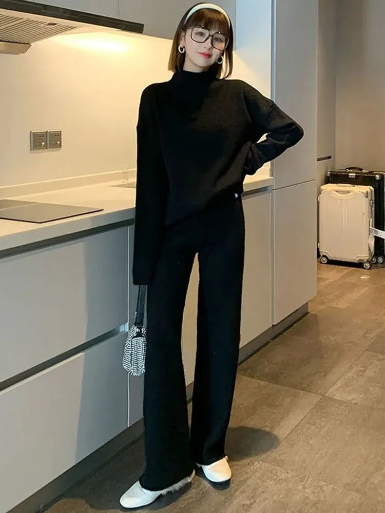 Spring Fall 2 Piece Sets Half High Collar Soft Pullovers Ensemble High Waist Wide Leg Pant Suits Knit Solid Color Conjuntos