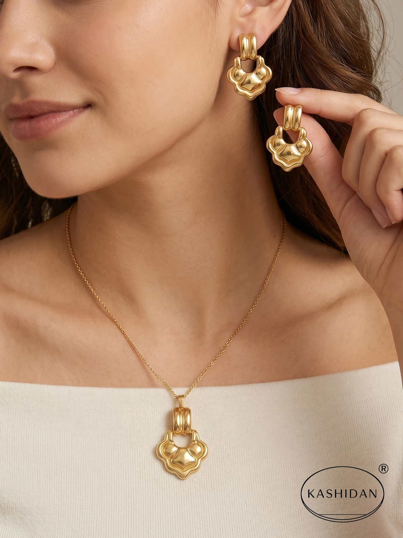 Fashion Stainless Steel Jewelry Set for Women Retro Door Knocker Pendant Necklace Hollow Out Geometric Stud Earrings