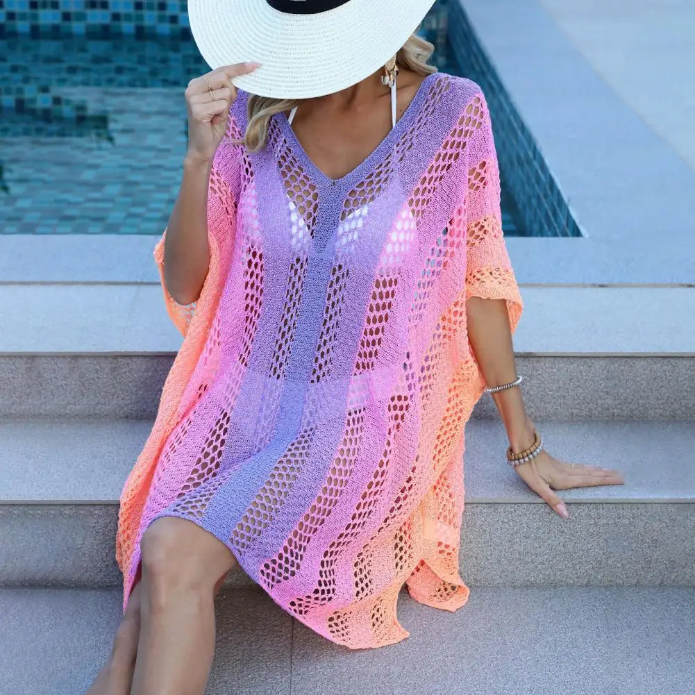 Strand Cover-Up Jurk Stijlvolle Damesstrandbedekking Jurk Sexy Gradiënt Kleur Gebreide Bikini Coverup Holle Tuniek Voor De Zomer