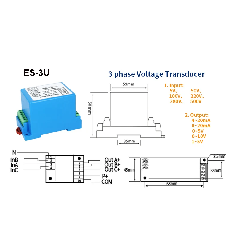 Three Phase 4-wires 4-20mA 0-10V Output AC0-600V Voltage Sensor DC12V 24V 220V Power Supply AC Voltage Transmitter Transducer