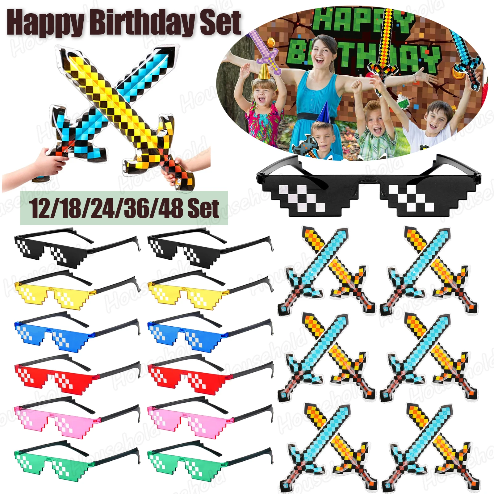 12-48Set Mosaic Sunglasses Inflatable Swords for Kids Birthday Party Fun Sunglasses Inflatable Weapons for Thug Life Party Favor