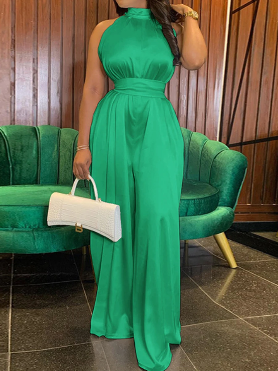 

Однотонный атласный комбинезон без рукавов с воротником-стойкой и широкими штанинами