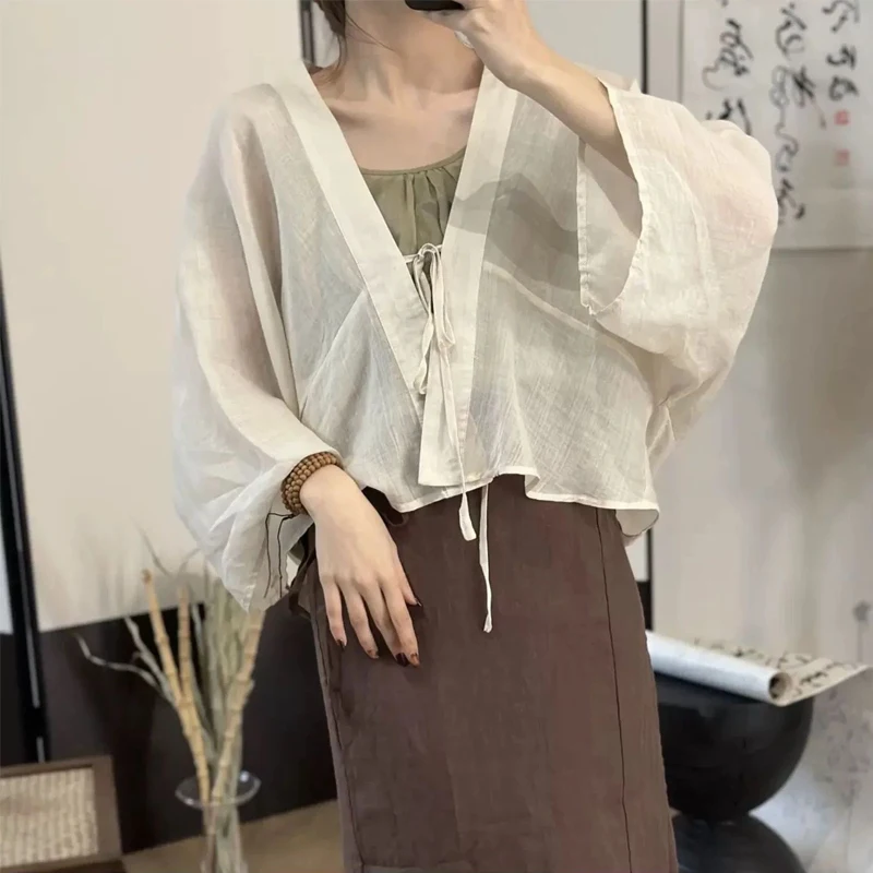 Women Japanese Style Vintage Y2K Lace Up Cardigan 2024 Summer Casual Loose Cotton Linen Sunscreen Shirt Solid 3/4 Sleeve Blouses