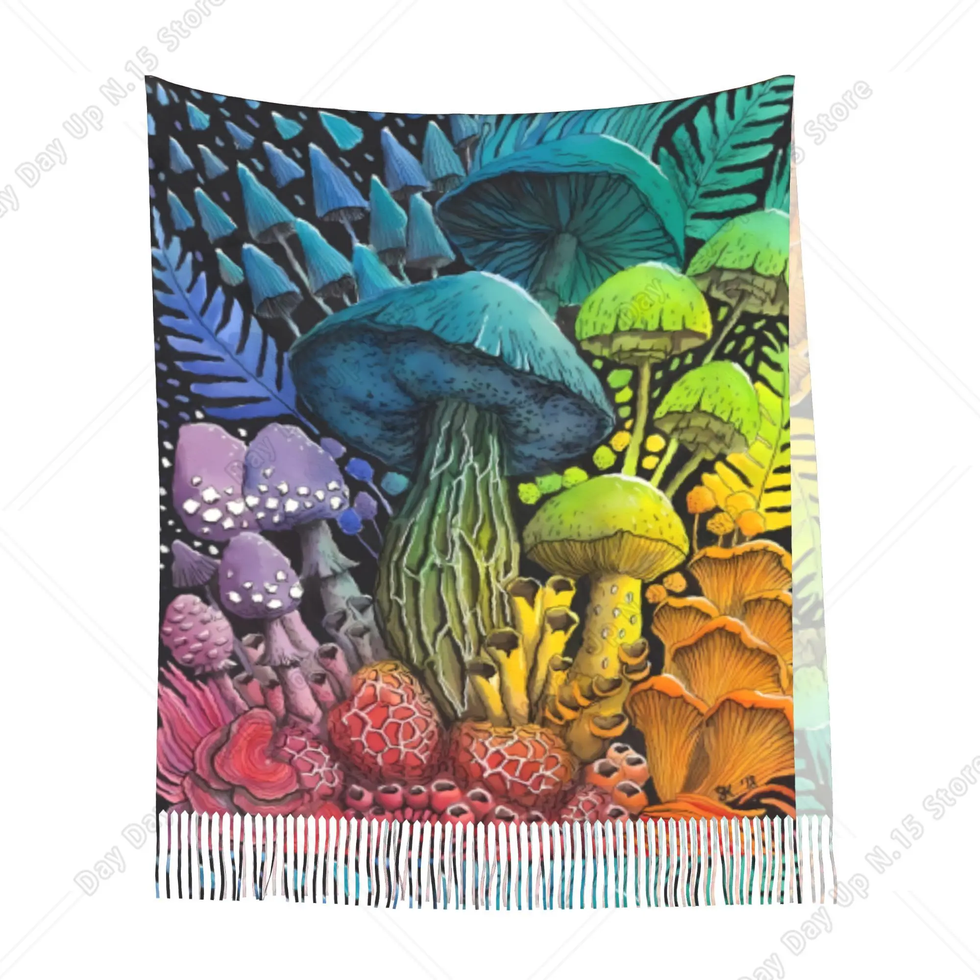 Psychedelic Hippie Rainbow Wild Mushroom Printed Shawl Fringed Soft Scarf Bohemian Art Women Fashion Wrap