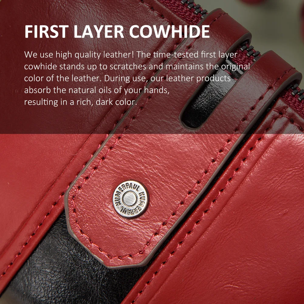 KAVIS 100%Genuine Leather Wallet For Men Original Super Value Senior Card Holder Purse With Chain Durable Zipper Coin Purse RFID