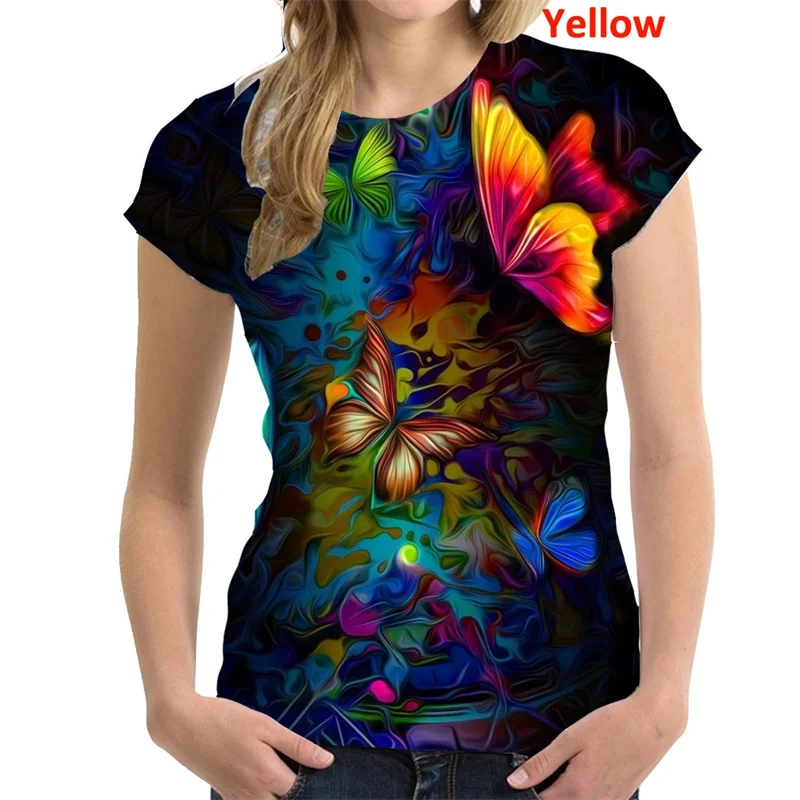 Butterfly Flower Pattern T-Shirt Women Colorful 3D Printed T Shirts Summer Casual Harajuku Loose Tops Short Sleeves O-Neck Tees