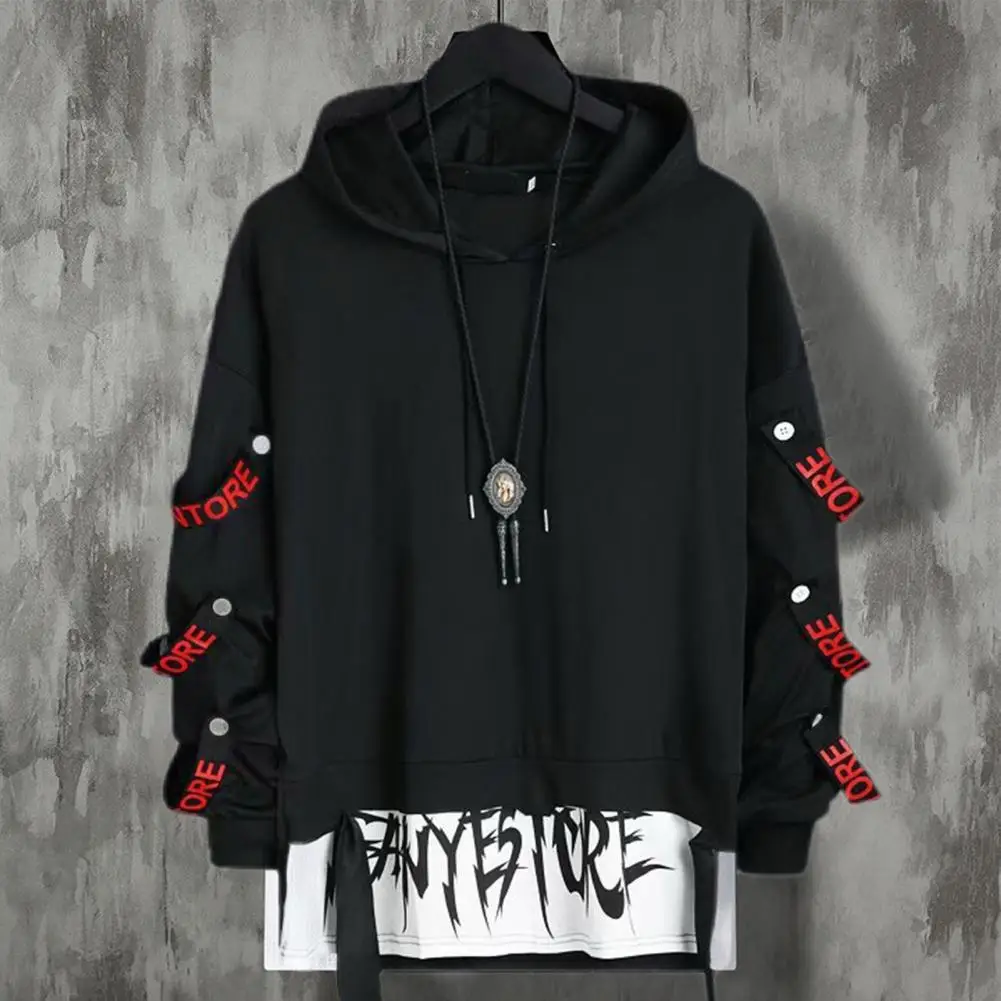 Men Sweatshirt Hip Hop Long Sleeves Youthful Cool Warm Strap Decor Letter Print Hooded Elastic Cuff Autumn Hoodie Daily Garment