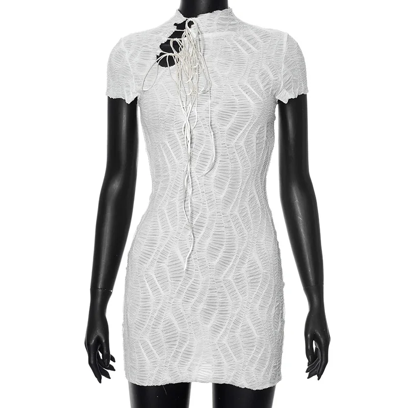 Ruched texturizado branco bodycon mini vestido feminino sexy rendas até fitas meia gola alta manga curta hipster magro festa clubwear