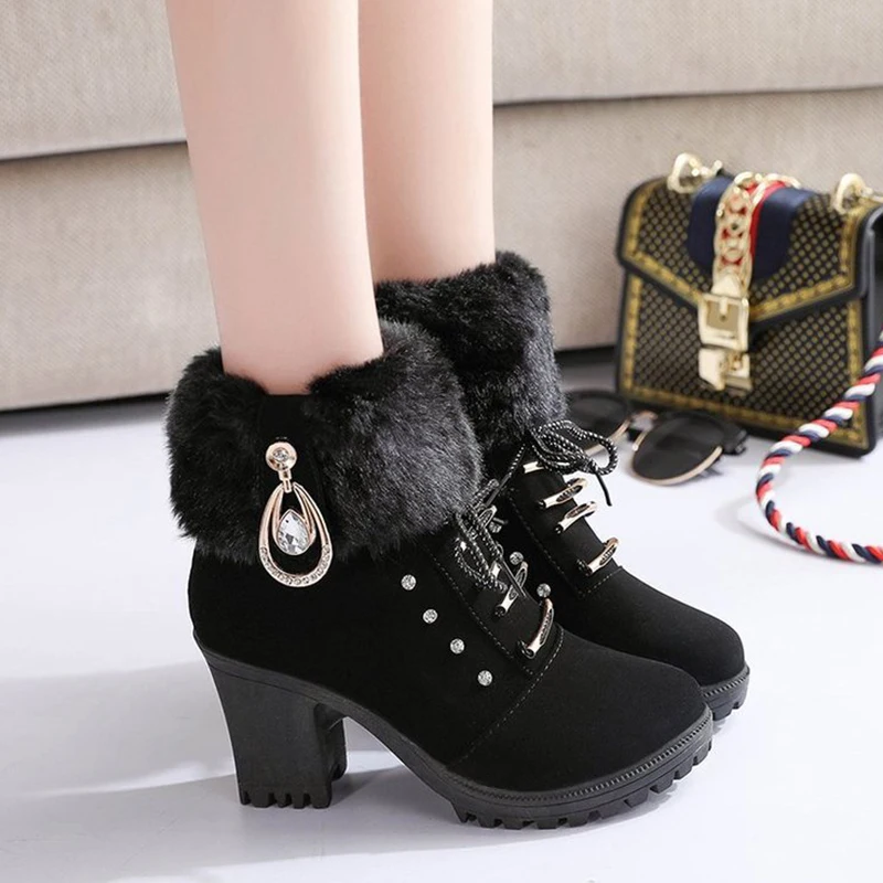 High Heel Winter Shoes Women Winter Boots Fashion Women\'s High Heel Boots Plush Warm Fur Shoes Ladies Brand Ankle Boots crystal