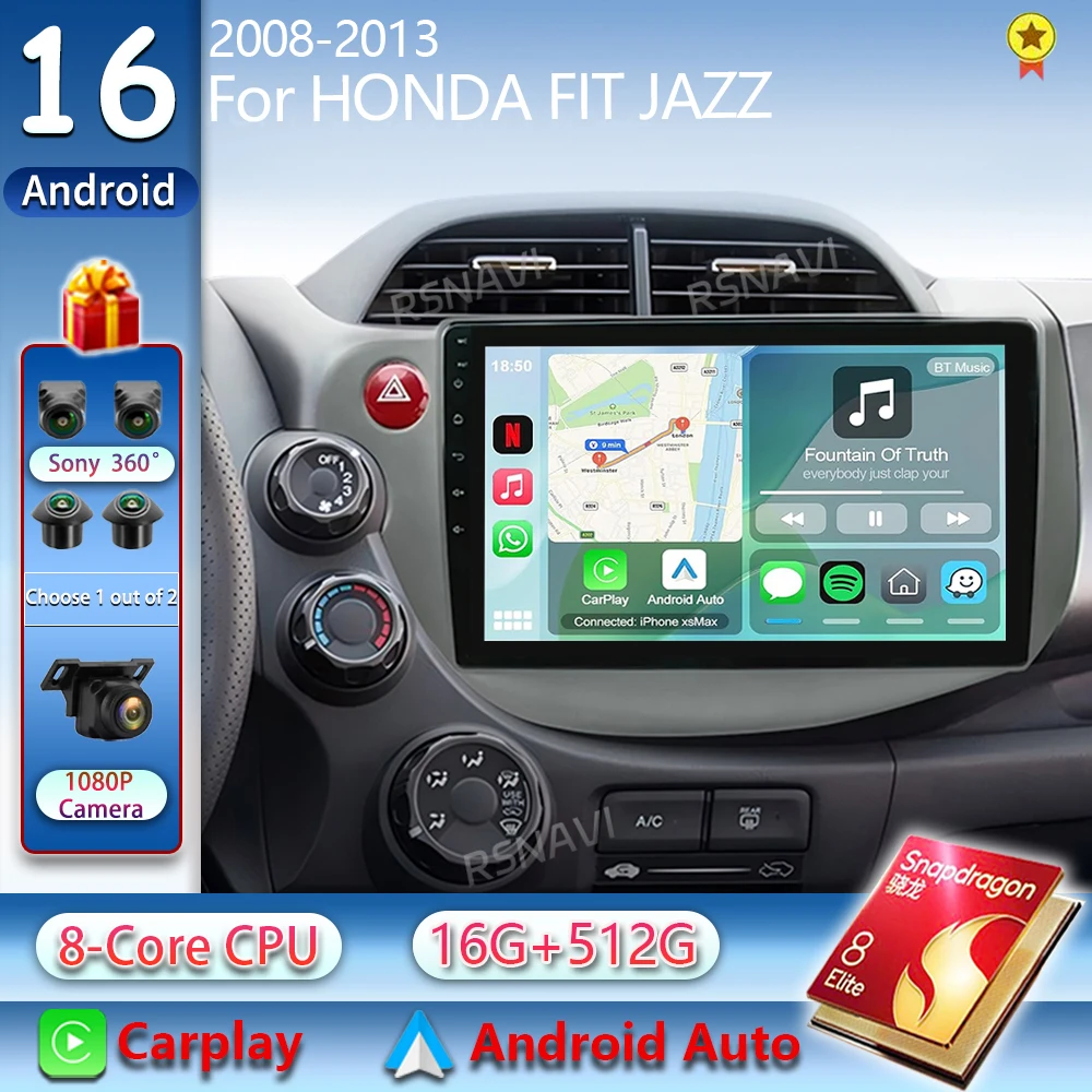 Android 16 For HONDA FIT JAZZ 2008 2009 2010 2011 2012 2013  2K QLED Stereo Car Radio Multimedia Video Player GPS 4G CarPlay