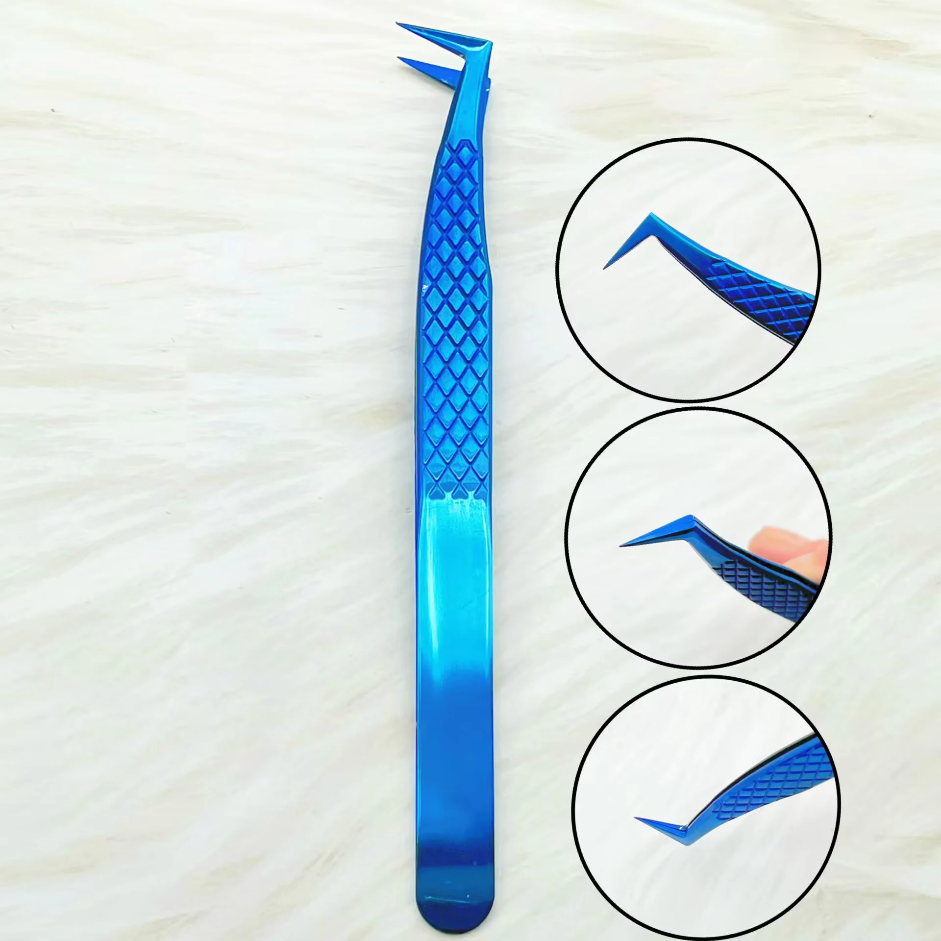 Pinzas de extensión de pestañas con puntas de fibra, pinzas de alta precisión de acero inoxidable azul espejo para ventiladores de volumen, herramientas de maquillaje, 1 ud.