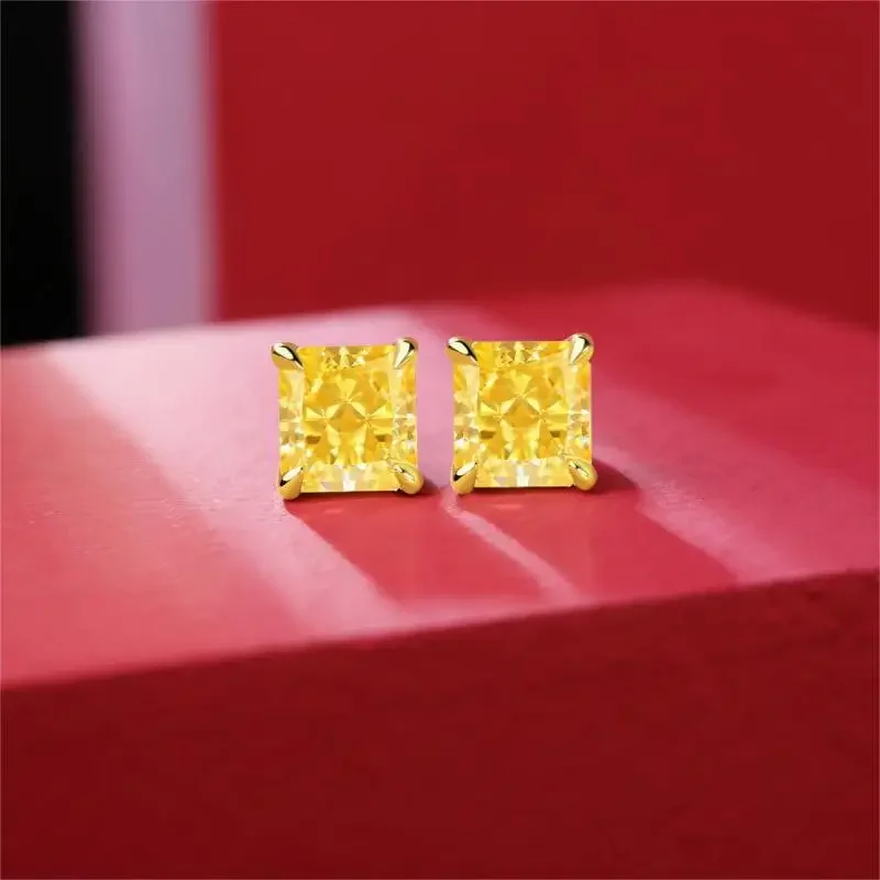 2023 Popular Yellow Zircon Radiant Shape Earrings  Crushed Ice Cutting High Carbon Diamond - Perfect Gift for Women