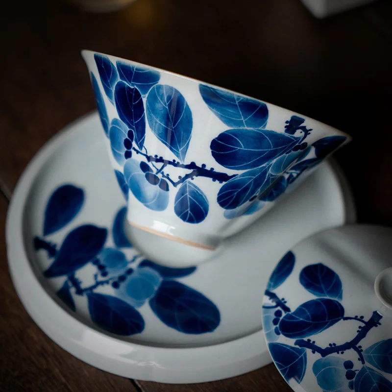 100ml Pure Handpainted Persimmon Ceramic Tea Tureen Blue And White Covered Bowl With Cover Tea Maker Gaiwan Kung Fu Tea Ceremony