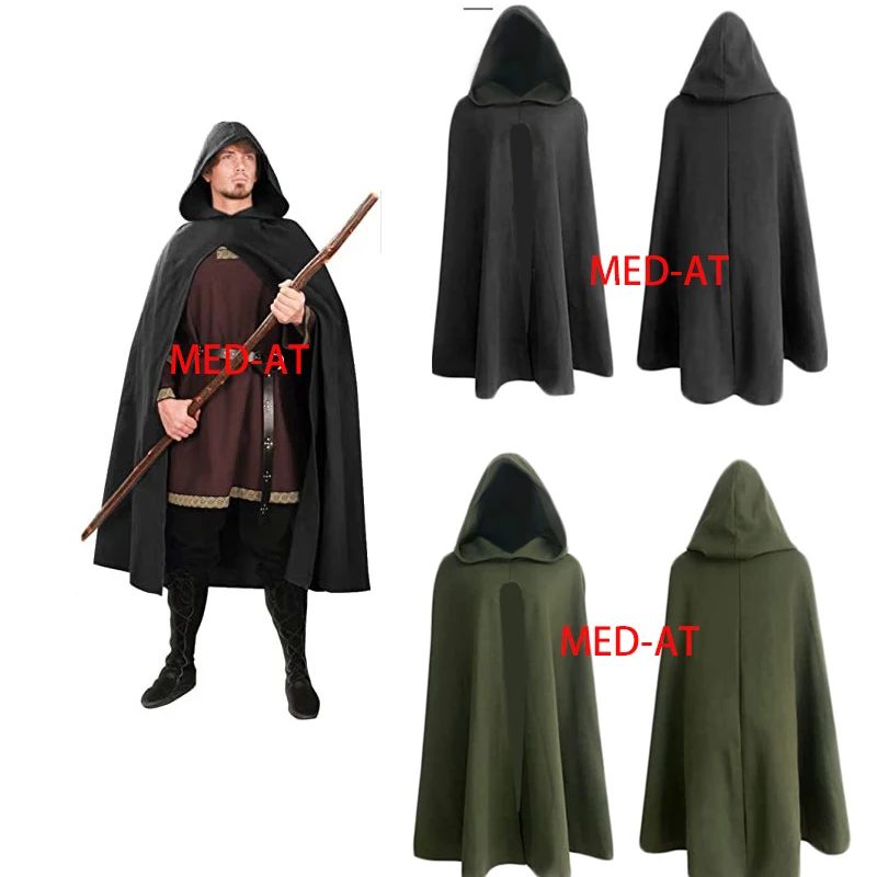 Men\'s Ancient Hooded Cloak Adult Medieval Hunter Archer Cape  Wizard Celtics Warrior Coat Cosplay Clothing Stage Drama Costume