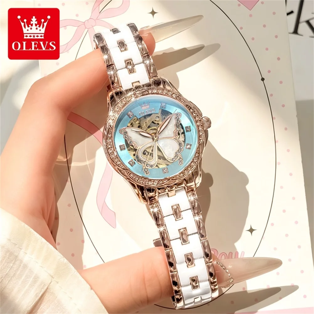 OLEVS New Women's Automatic Watch Fashion Skeleton Butterfly Diamond Ceramic Band Mechanical Watches Elegant Luxury Ladies Watch