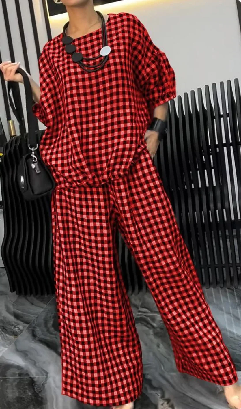 Spring/Autumn Fashion Casual Women\'s Suit Houndstooth Printed Round Neck Half-Sleeve Loose Top + Wide Leg Pants Two-piece Set