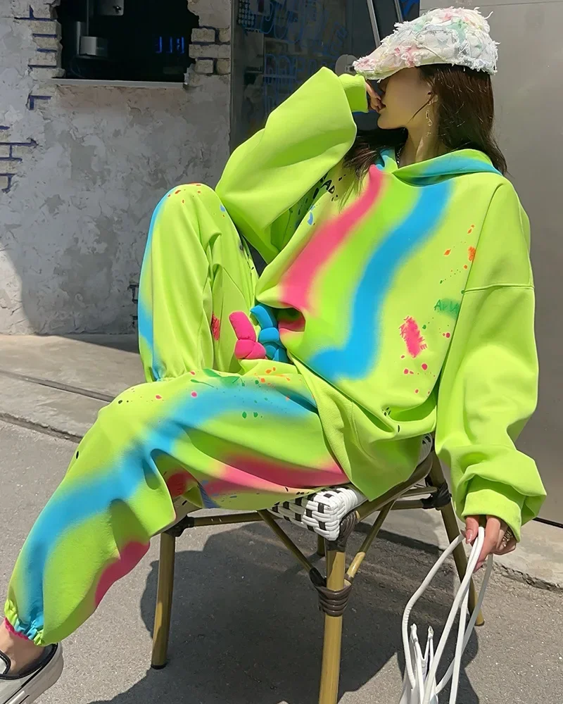 Fashion Graffiti Tie-Dye Gradient Color Sweatshirt and Sweatpants 2 Piece Sets Women Loose Casual Spring and Autumn Sports Suit