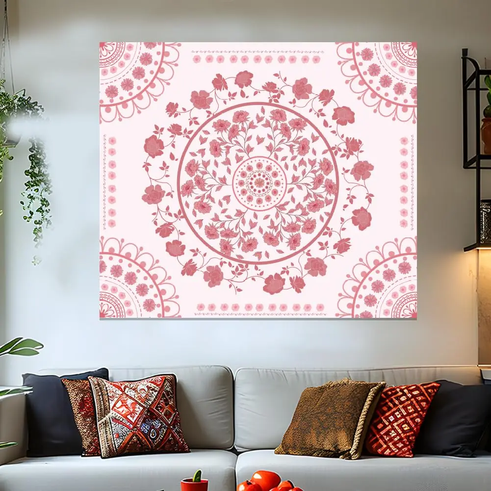 Pink Floral Mandala Tapestry, Boho Wall Hanging & Photography Backdrop for Party Home Decor