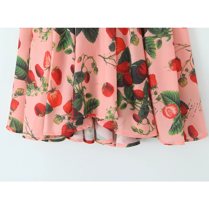 YENKYE Strawberry Print Square Collar Sexy  Backless Mini Tank Dress Women Pleated Hem A-line Short Summer Dresses Holiday Robe