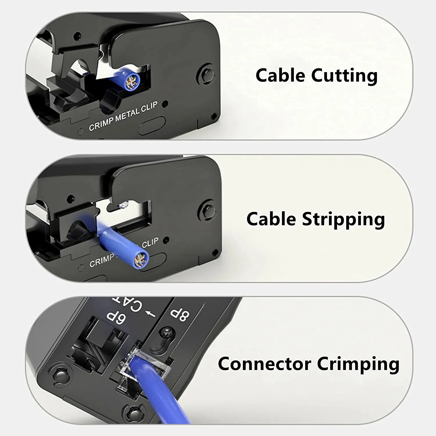 WoeoW All-in-One Pass Through Crimper for RJ45 RJ12 RJ11 Standard and Shielded Network Connectors and CAT5/5e CAT6 CAT6a CAT7