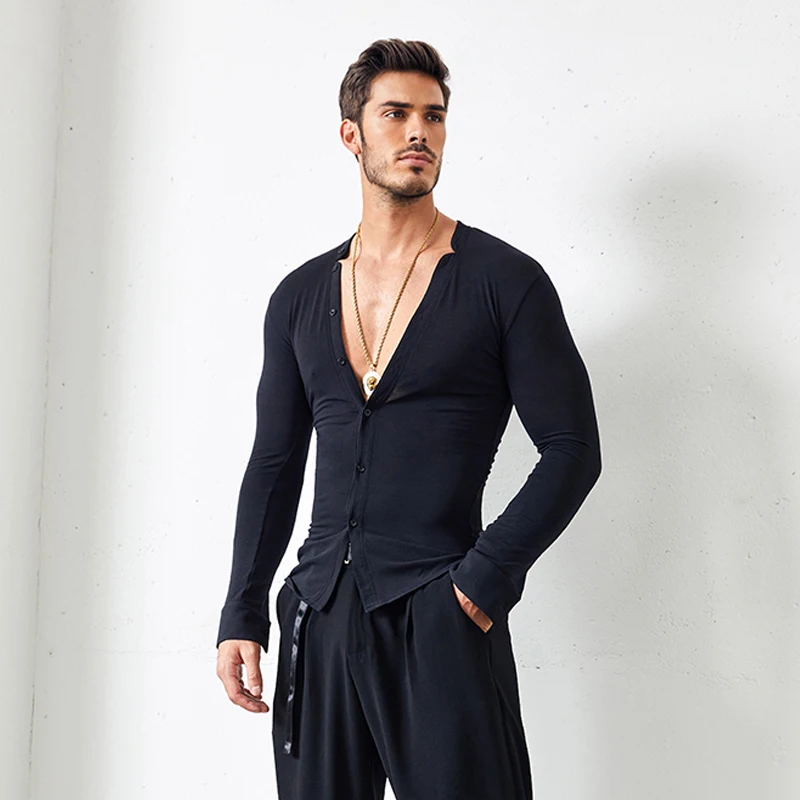 Men\'S Latin Dance Costumes Practice Clothes Long Sleeve Mesh Training Shirts Tango Samba Chacha Latin Competition Dresses SL4346