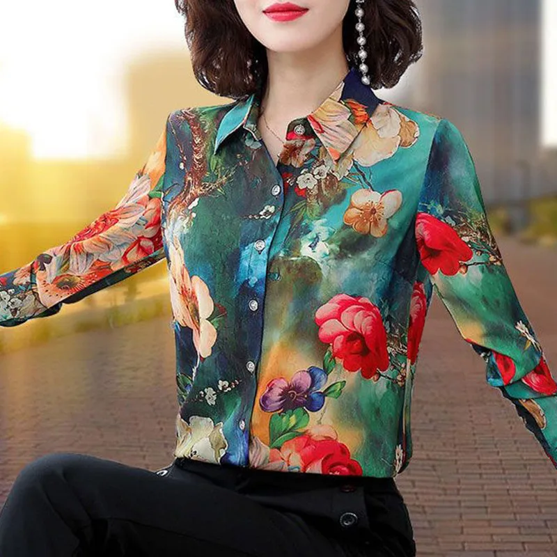 Women Korean Fashion Elegant Print Lapel Button Shirts Spring Autumn Business Casual Office Lady Blouses Female Long Sleeve Tops