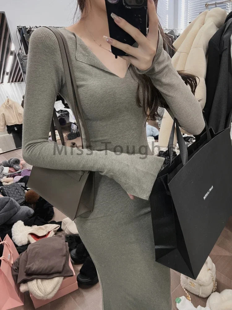 France Vintage Elegant Knit One Piece Dress Women Solid Y2k Midi Sweater  Dress Female Korean Style Chic Warm Dress 2023 Winter