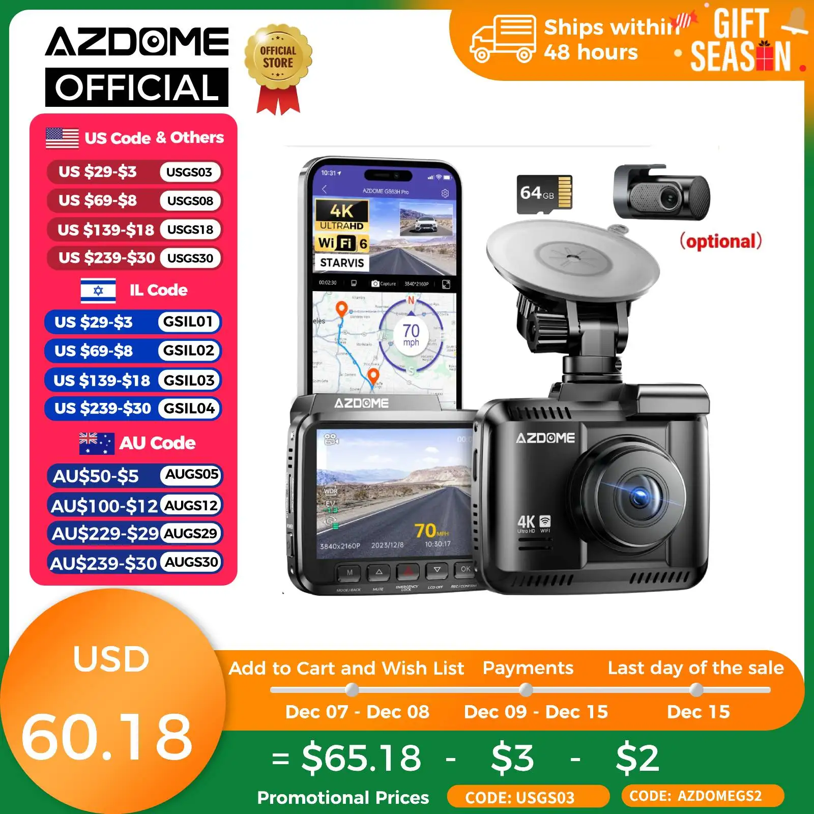 

AZDOME GS63H Pro 4K Dash Cam Front Camare Built-in GPS WIFI 6 Car DVR 24H Parking Monitor Black Box Support Rear Cam optional