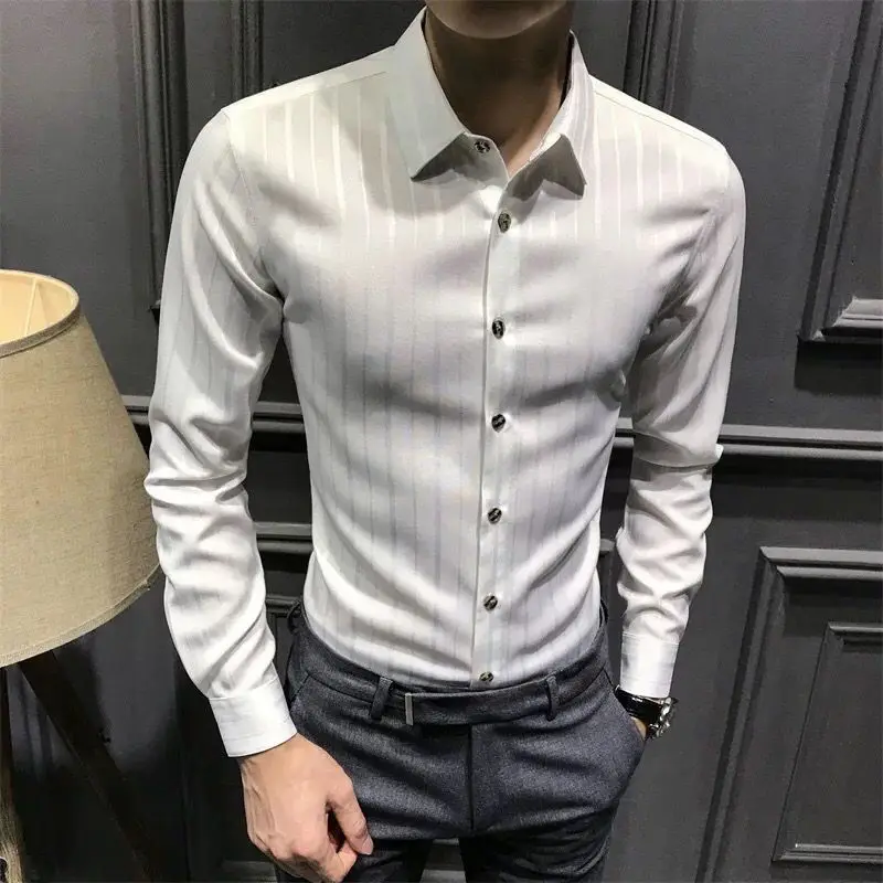 Korean Slim Youth Striped Shirt Tops Men\'s Spring Autumn New Long Sleeve Polo Neck Casual Blouse Vintage Trend Men Clothing