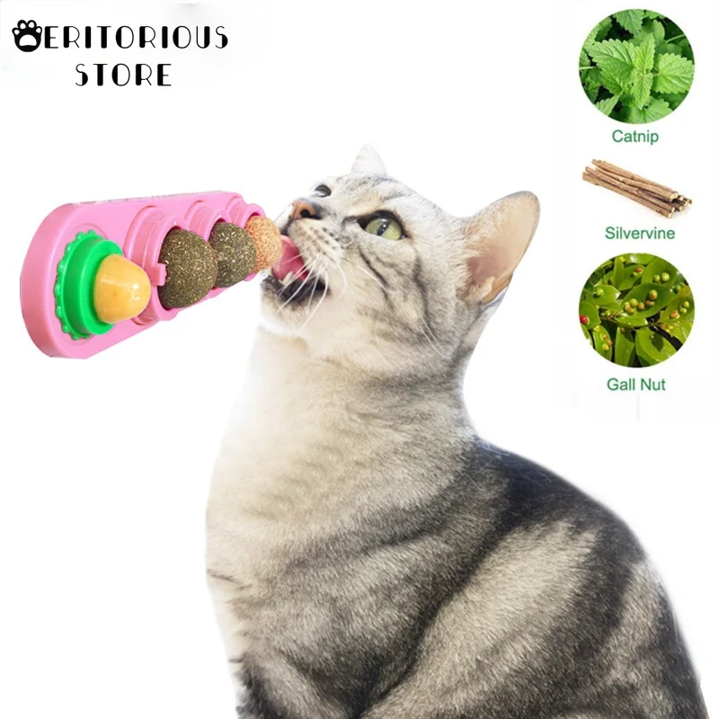 4pcs Catnip Ball Set Cat Treat Toys Snack Self-Adhesive Rotated Catnip Ball Cats Wall Mount Molar Teething Toy for Cats Ball