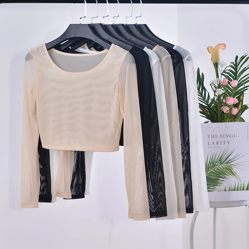 Women Basic Long Sleeve T-shirts Trendy All-match Perspective Mesh Bottoming Shirts Classic See-through Ballet Dance Crop Tops
