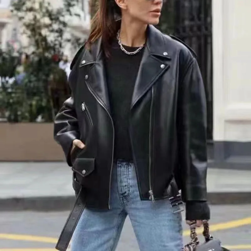 Genuine Leather Jacket With Belt Short Length Moto & Biker Coat Spring Women Drop-Shoulder Real Sheepskin Turn-Down Collar