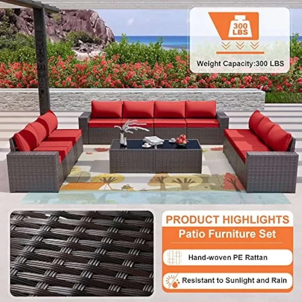 12 Pieces Outdoor Patio Furniture Set Brown PE Rattan Patio Conversation Set w/10 Rose Red Seat Cushions and 2 Coffee Tables