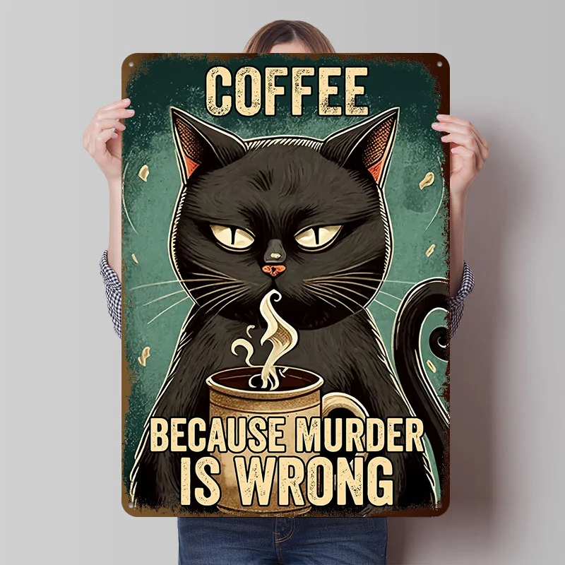 Coffee Cat Drinking Coffee Tinplate Posters Customizable Wall Art Retro Vintage Metal Signs for Home Room Setup Decorations the