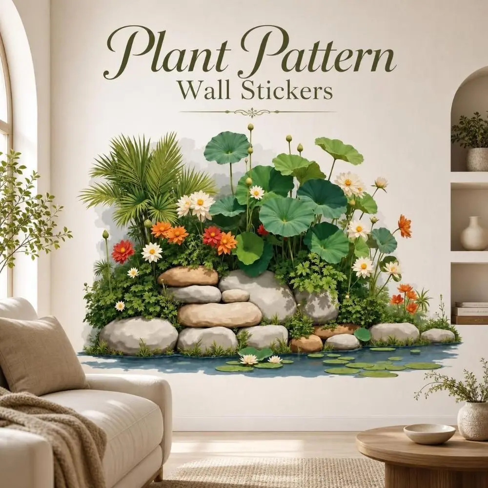 84×54cm Home Decor Wall Decal Self-adhesive PVC Plant Wall Sticker Lotus Waterfall Bamboo Pattern Greenery Mural Decal