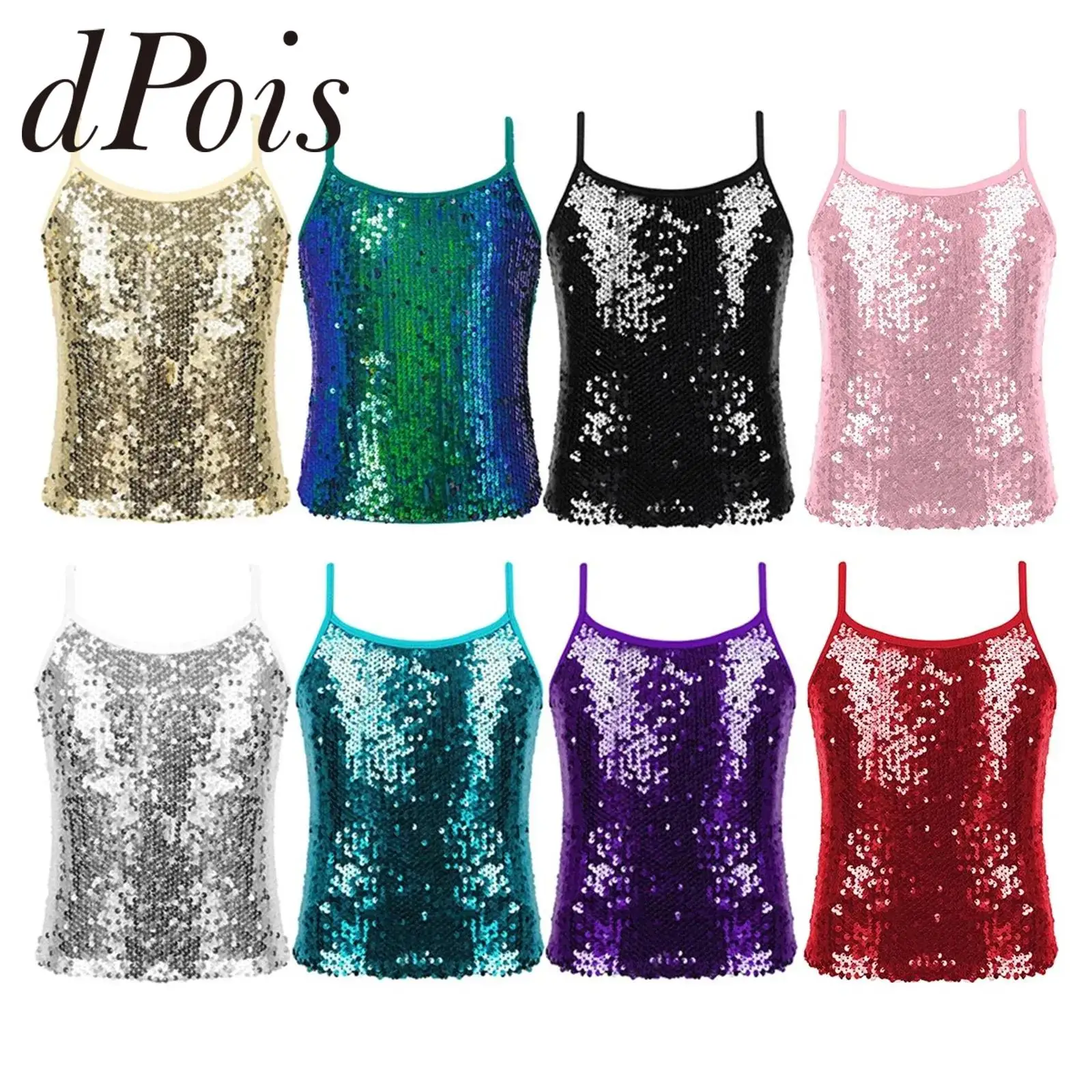 Kids Girls Adjustable Spaghetti Shoulder Straps Sparkly Sequined Tops Tank Top Vest for Dancing Stage Performance Streetwear