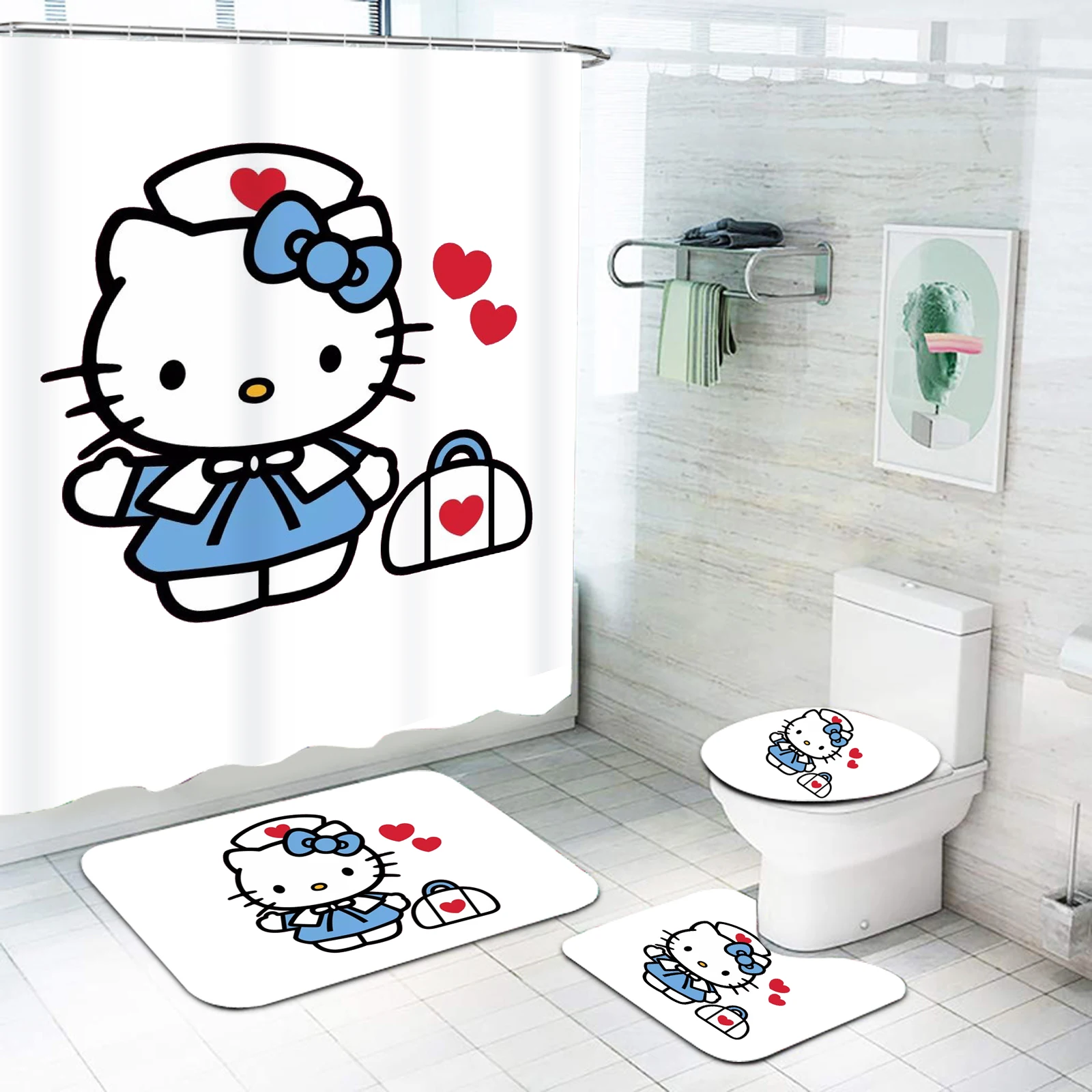 

Набор для душа HelloKitty, мультфильм, милый для Sanrio, занавеска для ванной, полные роскошные аксессуары, украшения для ковриков, 4 шт.