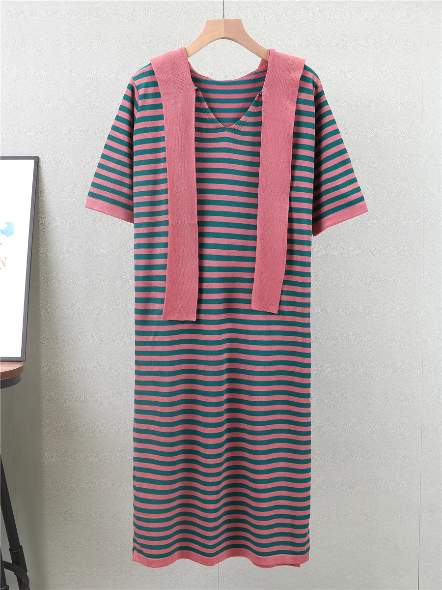 Herfst Winter Losse Afslankende Capuchon College Sle Casual Gebreide Dr mid Lengte Slit Damesrok A-lijn Gestreept Patroon