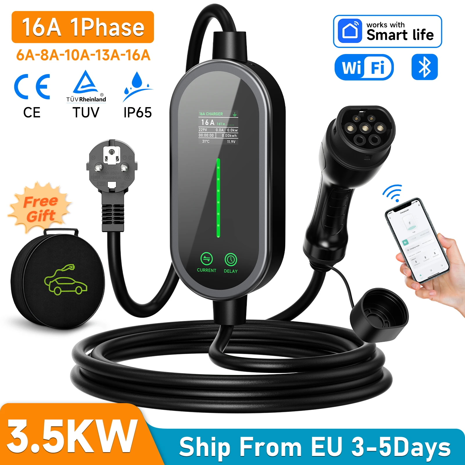 AFEEV Type2 Caricatore EV portatile 3.5KW 16A Caricatore per auto elettrica EVSE Cavo di ricarica veloce Wallbox WiFi APP Controllo Bluetooth