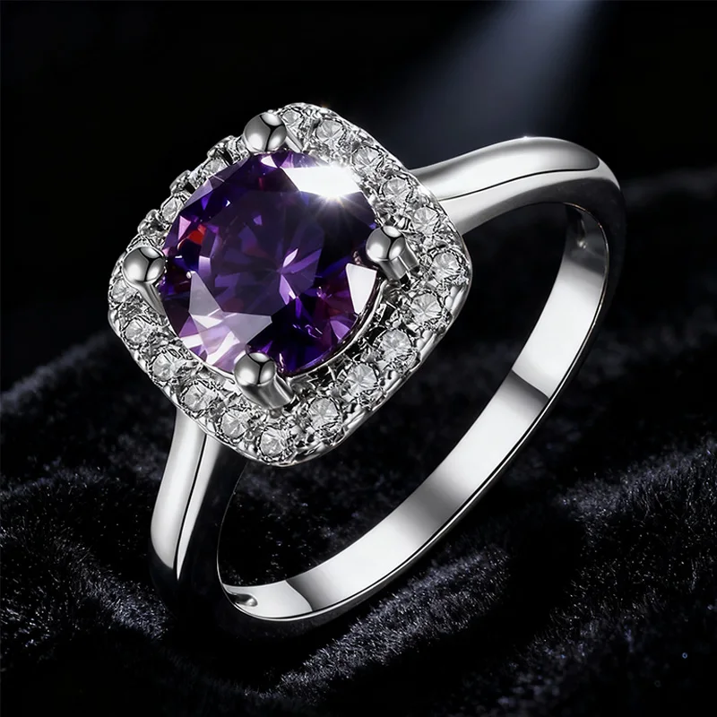 Hot Trendy Purple Amethyst Ring 8MM Sparkling Silver Band High Quality Luxury Jewelry Wedding Engagement Rings for Women FCGJHW