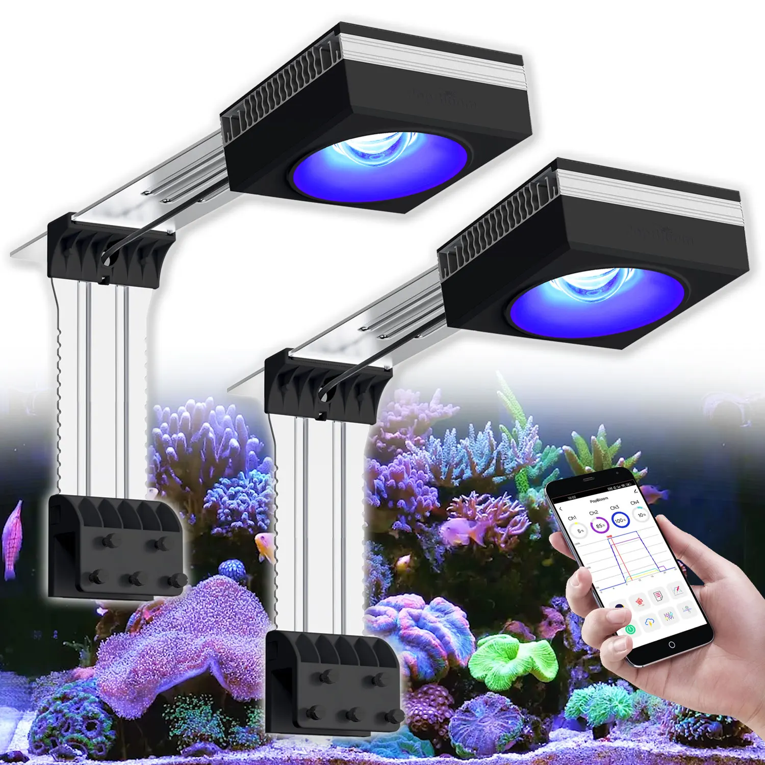 PopBloom 2PCS RL90 LED Aquarium Reef Verlichting met Arm Kit, Reef LED Verlichting voor 90cm 120cm Zoutwater Mariene Aquariumen en Koralenrif