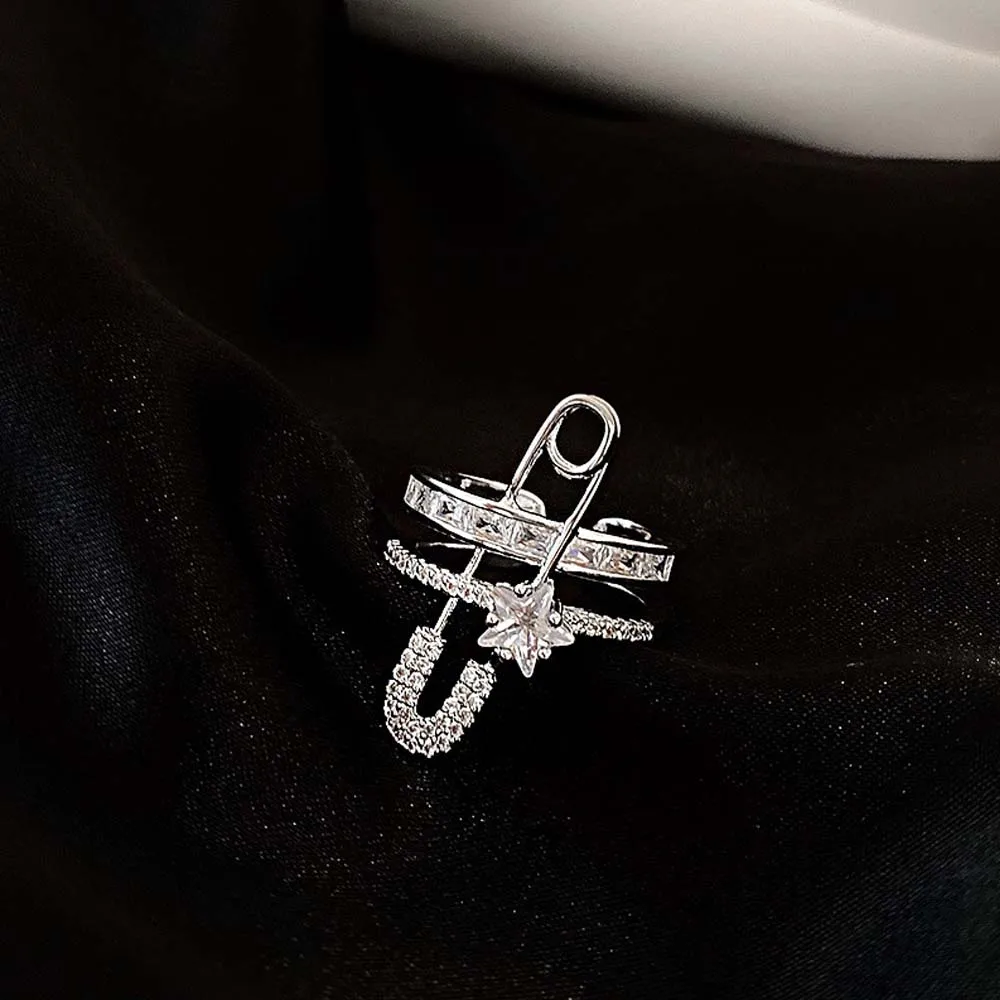 Trend Woman Zircon Pin Design Micro-Inlaid Double Layer Finger Rings Fashion Jewelry Open Ring Copper