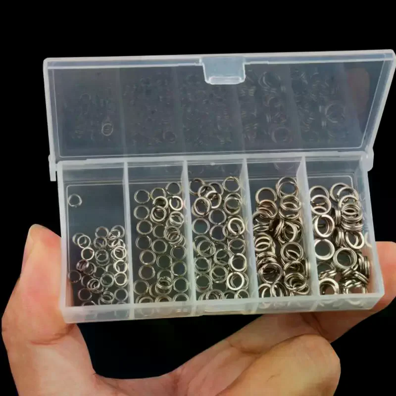 Lot de 200 anneaux brisés de pêche en acier inoxydable de 5 tailles, haute résistance, grande force de traction, pour connecteurs de leurres, pour boîte à pêche