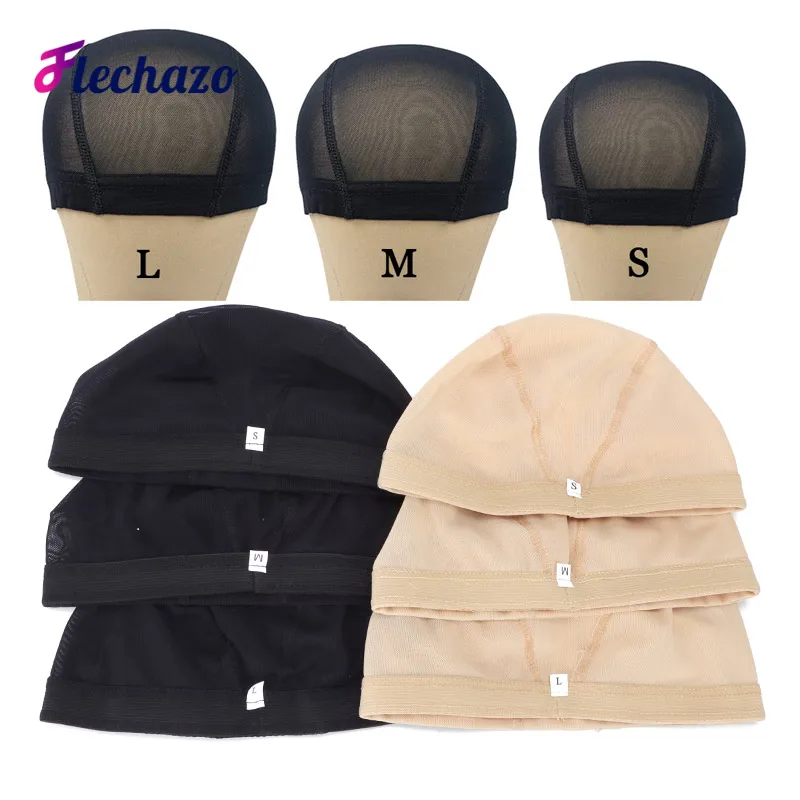 Peruka Cap Mesh łysa czapka do peruk Making 6 sztuk/partia rozciągliwy tkactwo netto Cap z szerokim gumką czarny kolor S/M/L rozmiar