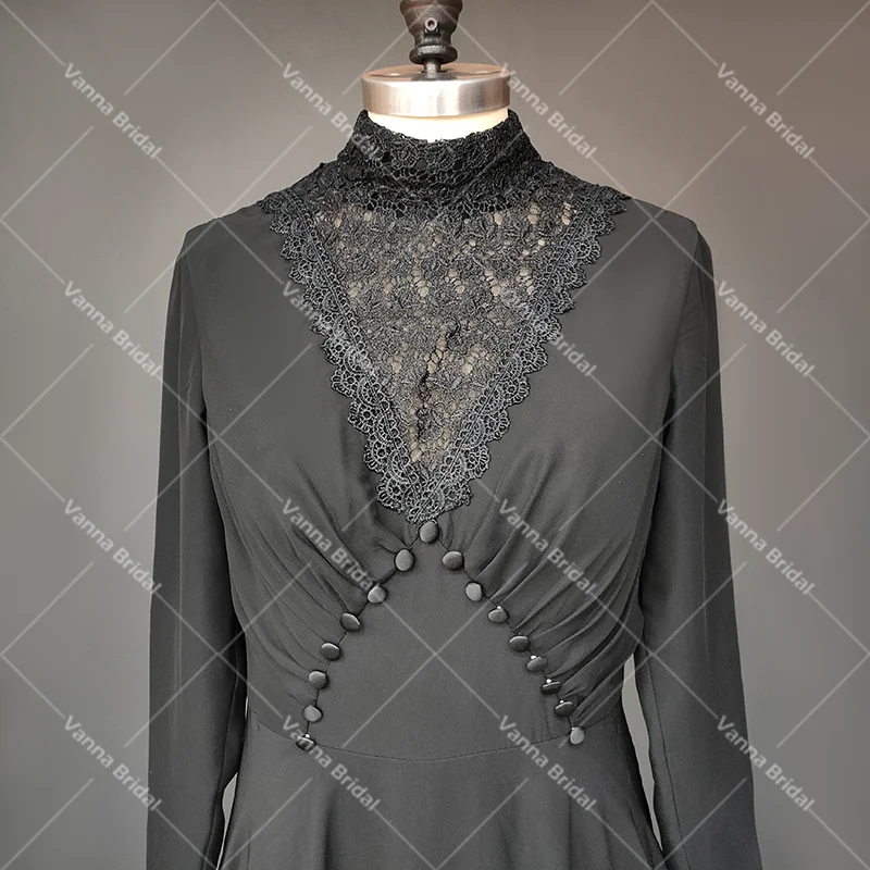 Black Lace Long Sleeves Wedding Robe Dresses High Neck A Line Buttons Custom Made Drop Ship Muslim Ruched Chiffon Bridal Gowns